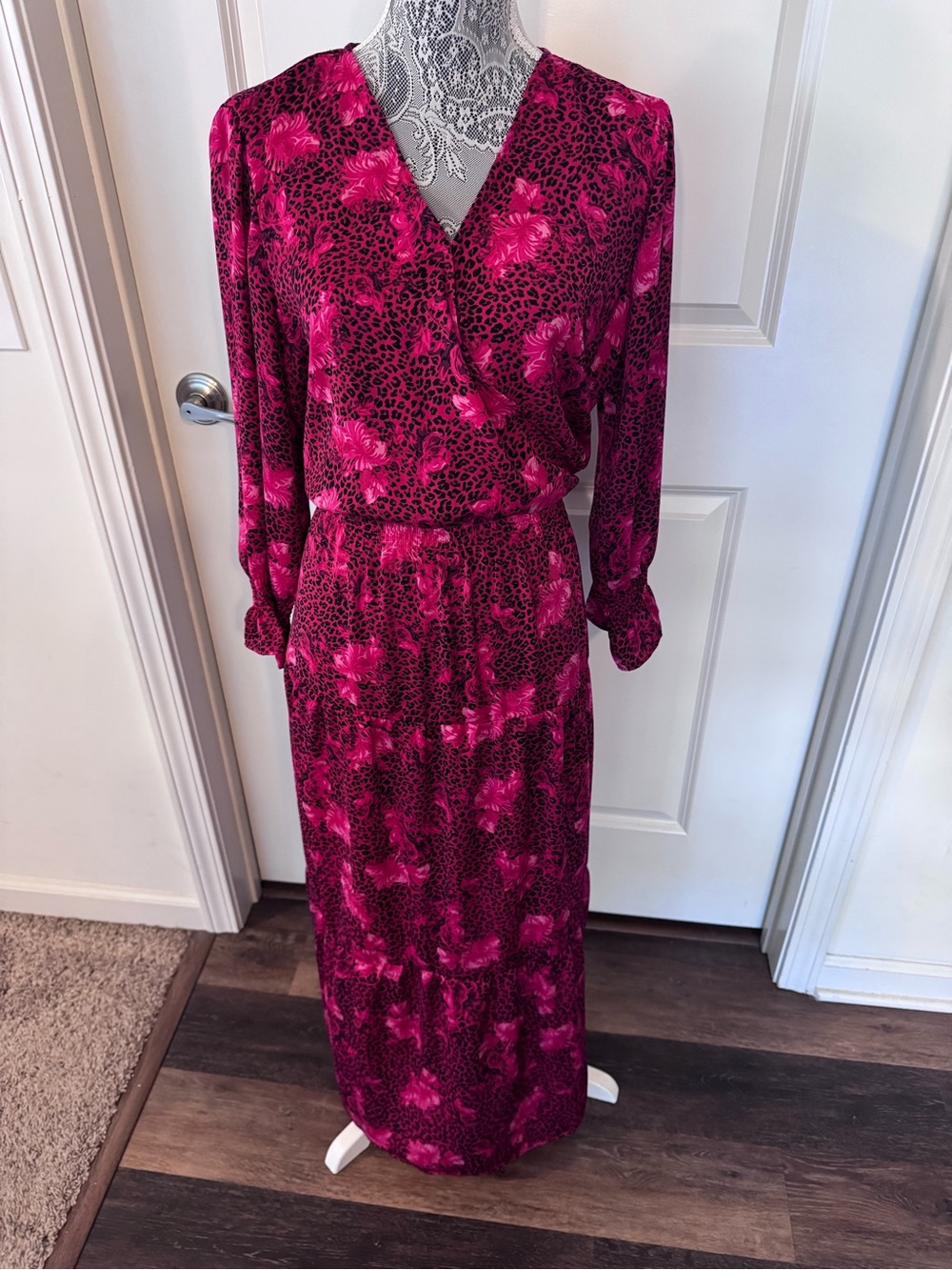 Floral Magenta V-Neck Long Sleeve Maxi Dress